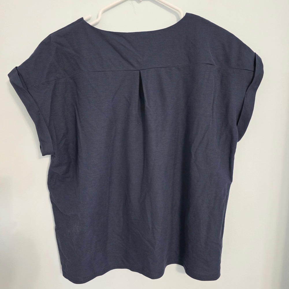 Bobeau Womens Navy Blue V-Neck Cuffed Short Sleeve Pleated Blouse Top MT2KN9 L - Picture 2 of 6